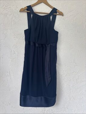 After Six Navy Sleeveless Halter Midi Dress with Satin Trim